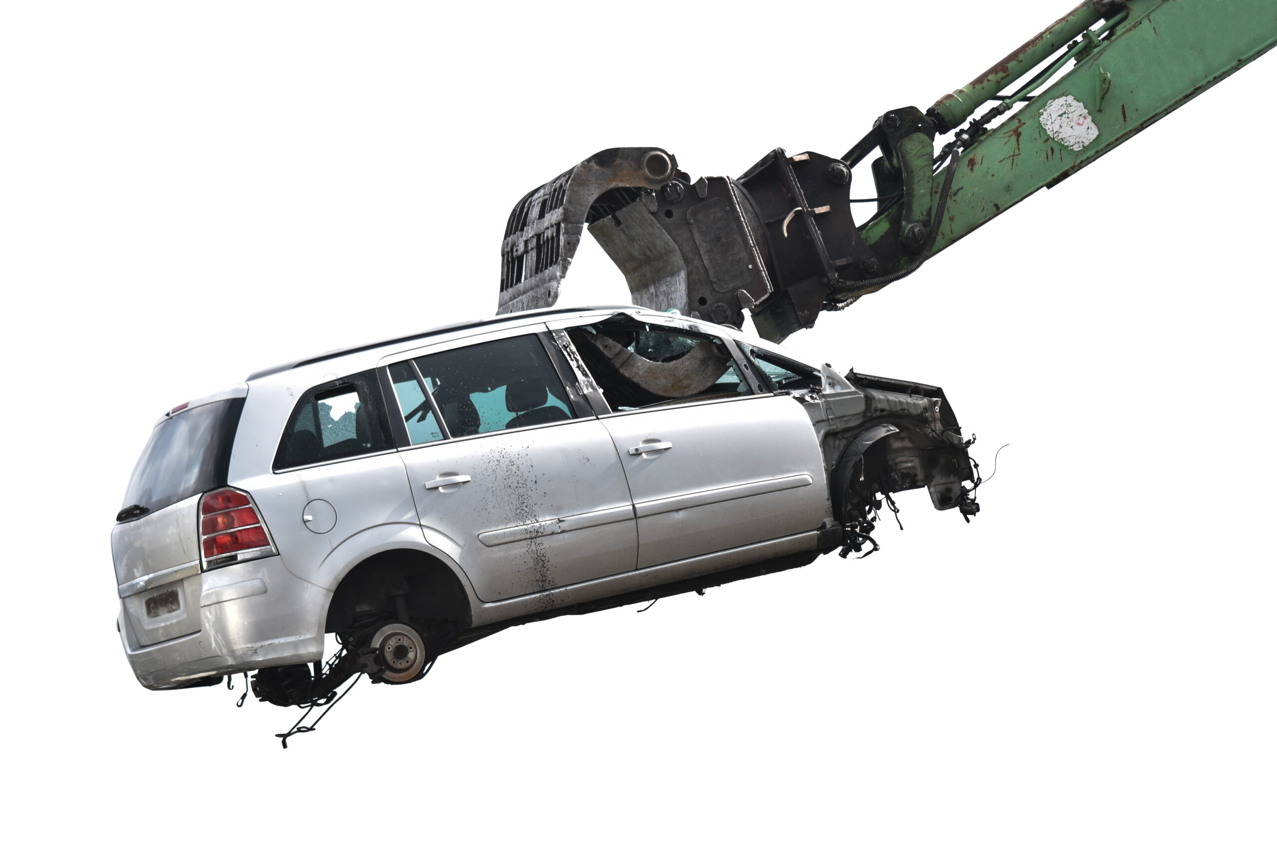 Broken,Smashed,Up,Car,Being,Lifted,Up,By,Mechanical,Grabber